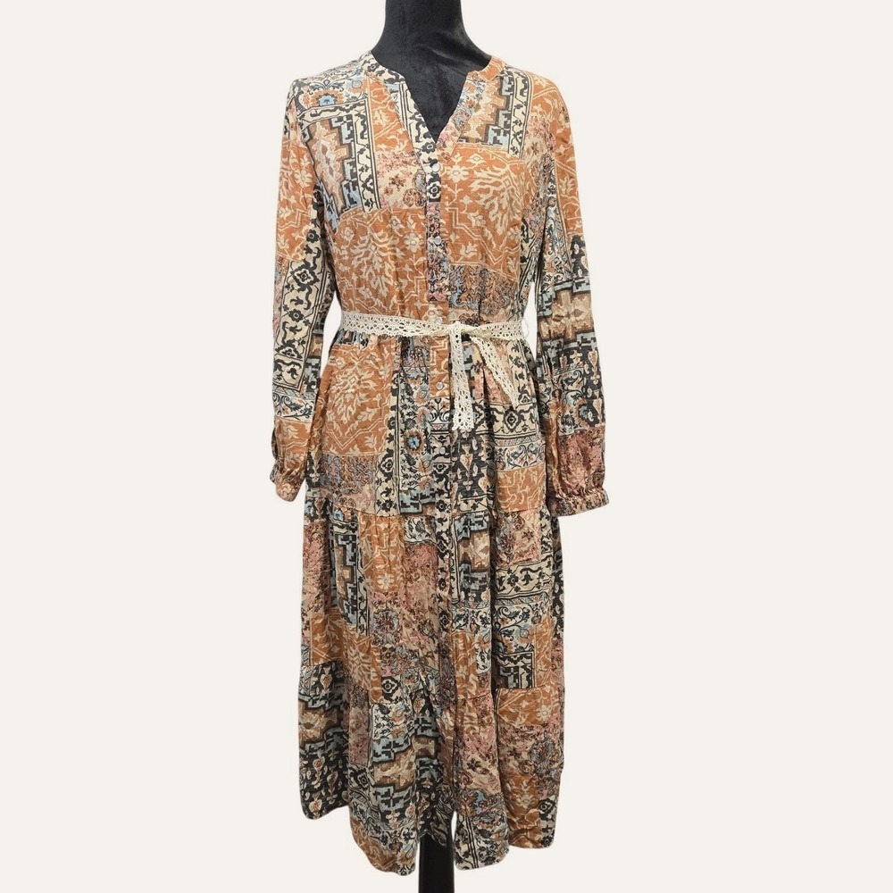 Denim & Co. Canyon Retreat Printed Tiered Midi Dress Patchwork Boho Chic Cottage